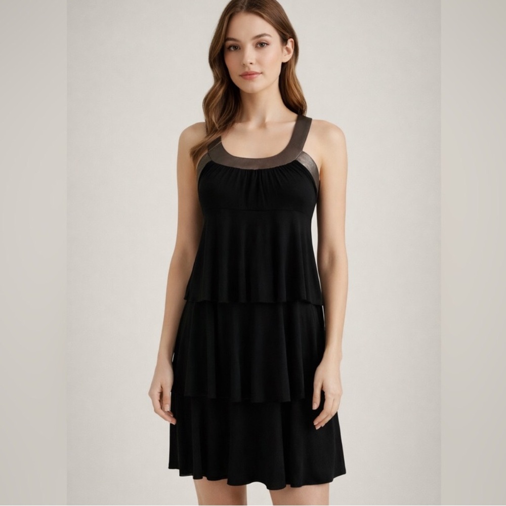 Akiko Leather Trim Jersey Ruffle Tiered Dress XS
